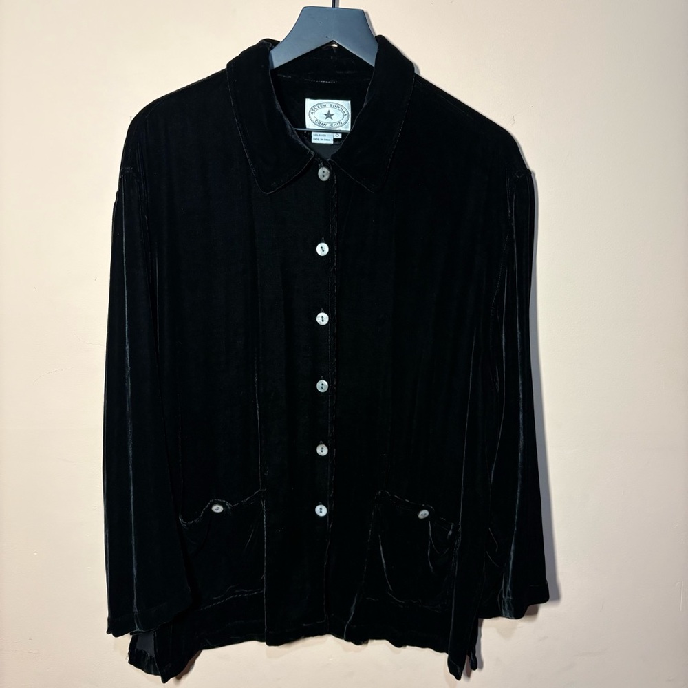 Arleen Bowman Chin Chin Black Velvet Tunic Top Button Front Women’s S